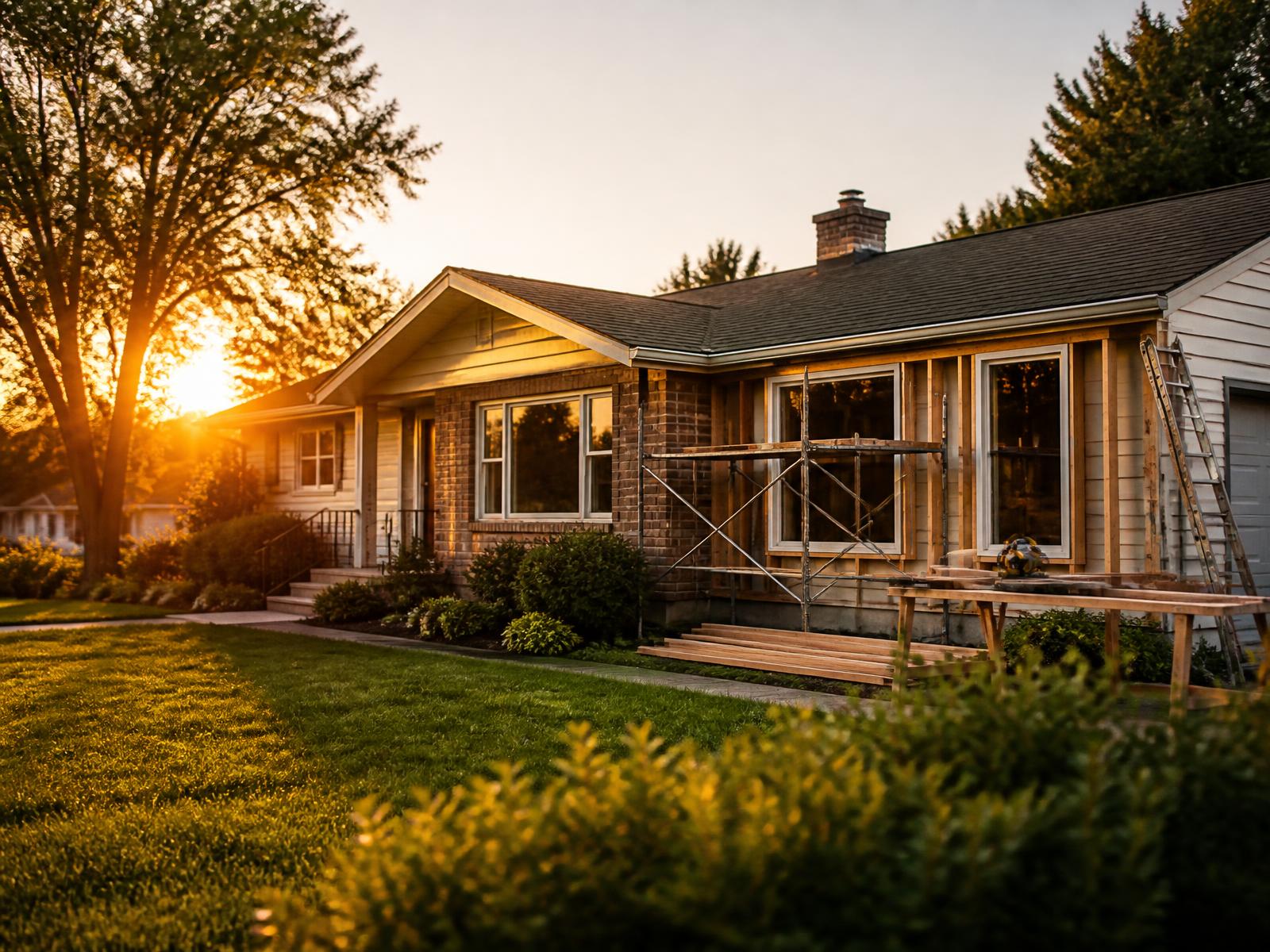 Suburban home with a front porch at golden hour